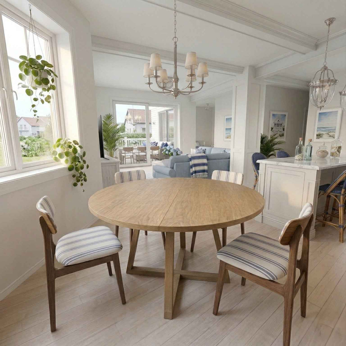 Round Extendable Oak Veneer Dining Table with Cross Leg Base