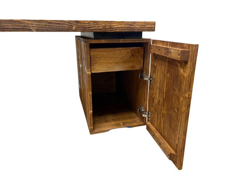 Sturdy industrial office table with solid wood surface, drawer unit and metal underframe