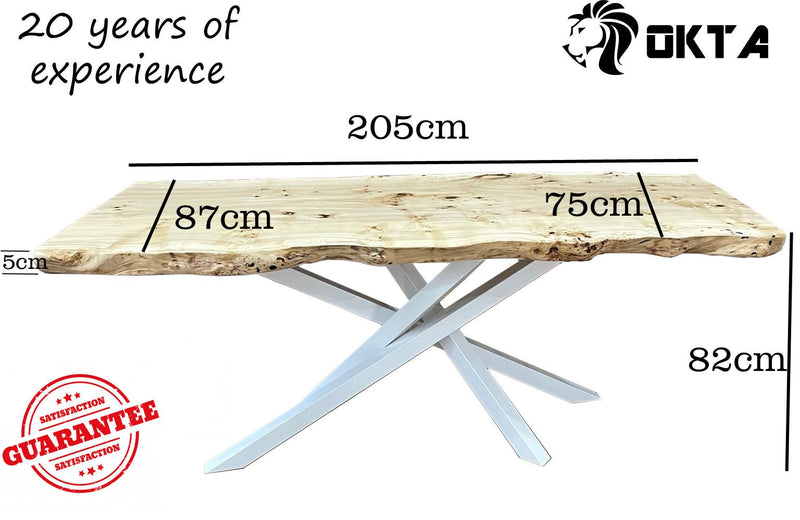 Bespoke live edge table made of one wood slab with white industrial metal legs for contemporary interiors