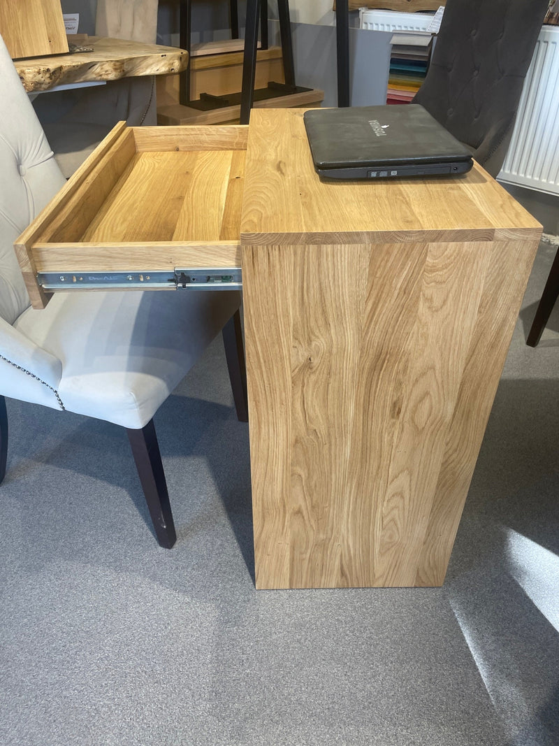 Compact solid oak side desk with drawer, suitable for minimalist office or home décor