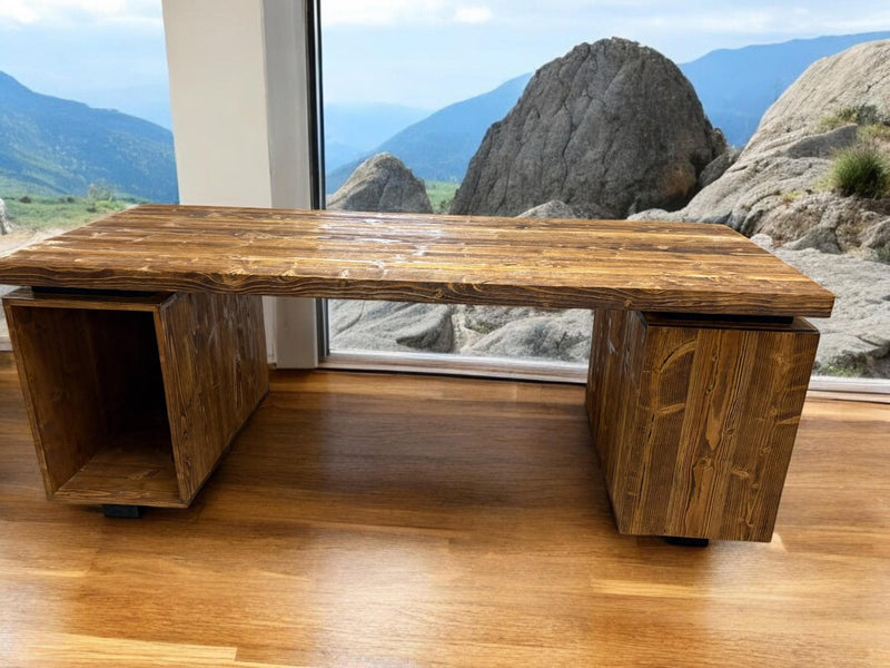 Custom-made industrial desk with thick pine top, drawer compartment and sturdy steel frame