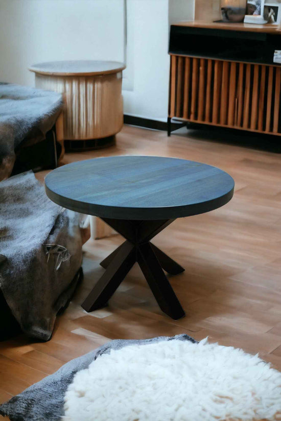 Round WOODEN COFFEE TABLE With Vibrant Colors, Bauhaus Design - And Spider-Style Metal Legs – Modern Loft And Living Room Centerpiece