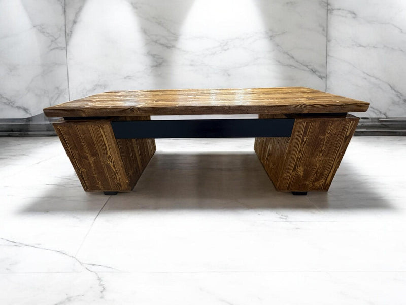 Executive pine wood desk with black metal legs and practical storage shelf, ideal for home office