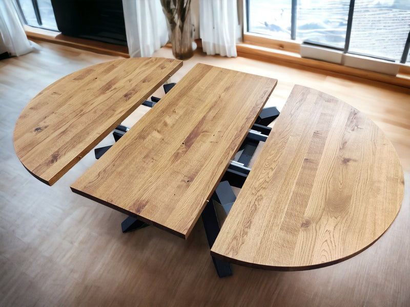 Round extendable oak dining table with metal pedestal base, modern wooden kitchen table for 6 to 8 people