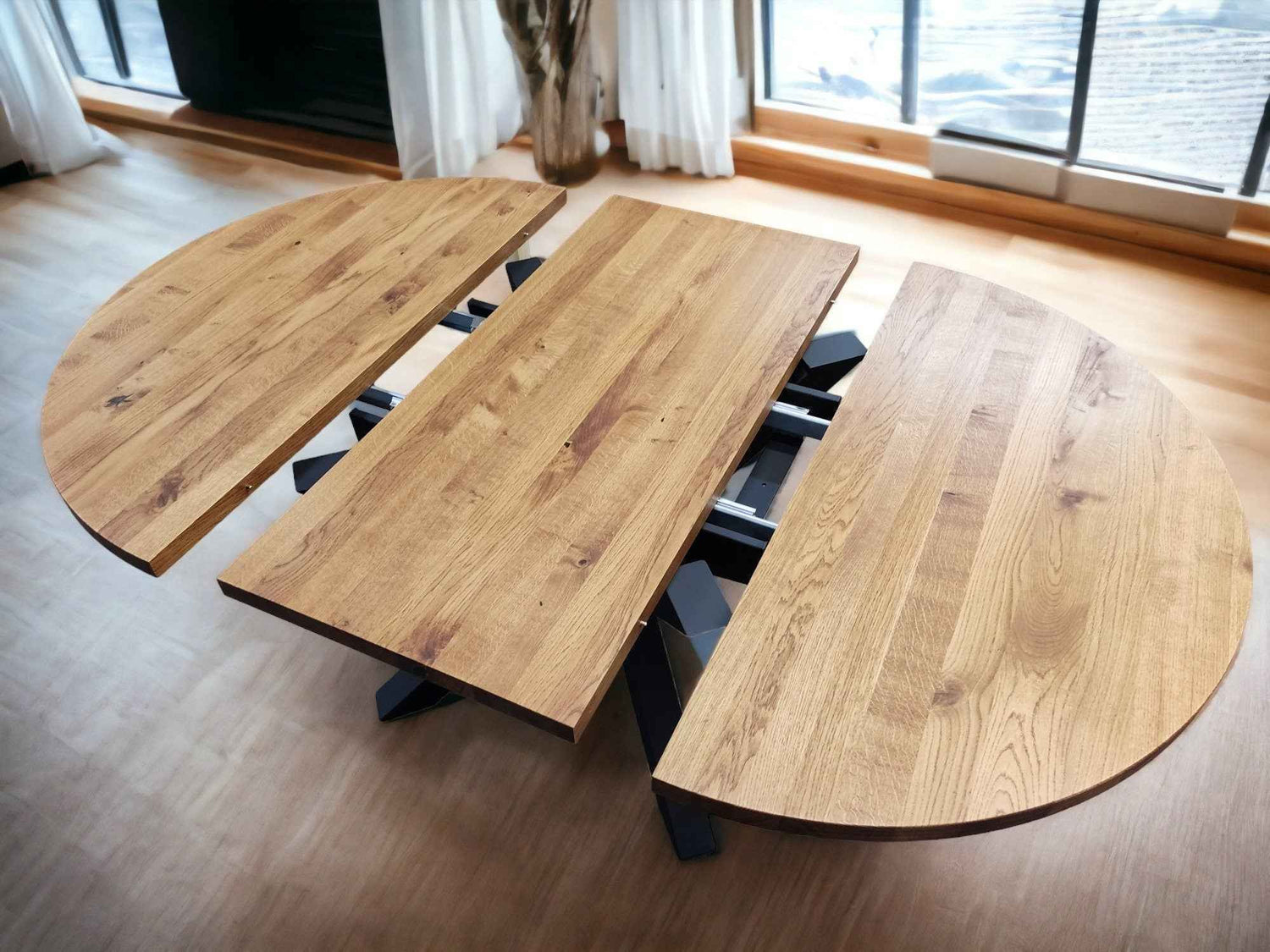 Expandable Round Oak Dining Table with Metal Legs