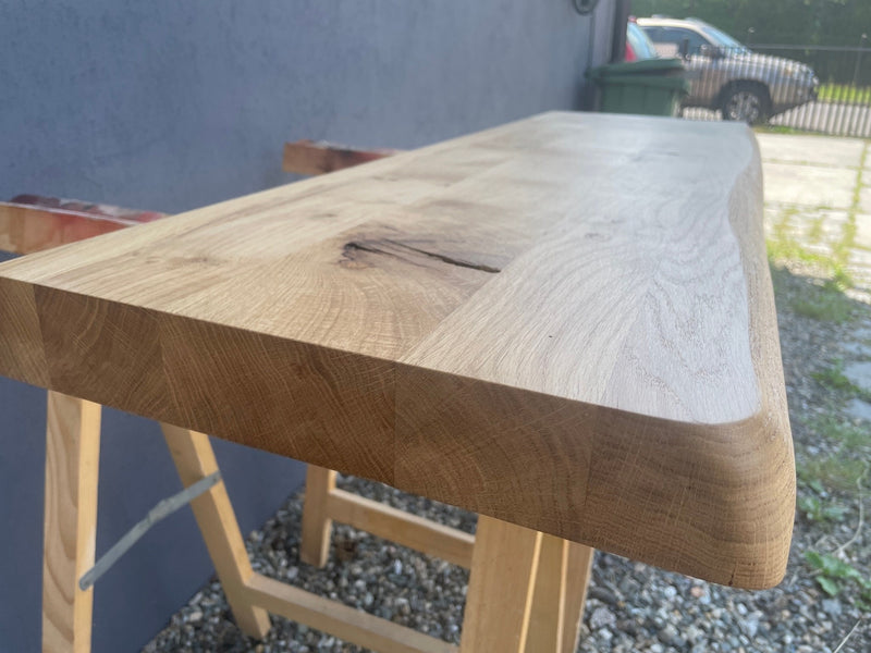 Floating oak shelf for kitchen or living room, solid wood construction with optional live edge finish