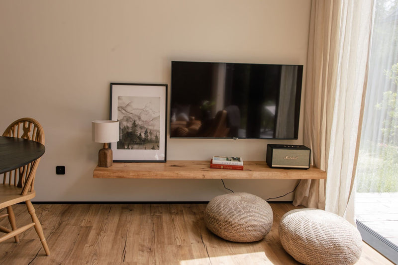 Handcrafted solid oak wall shelves with live edge design, ideal for kitchen or workspace organization