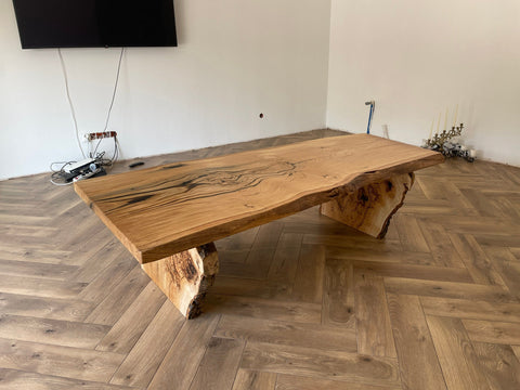 Handcrafted Live Edge Solid Oak Coffee Table with Black Resin Inlays