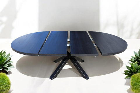 Handcrafted Black Oak Round Dining Table with Metal X-Frame Base