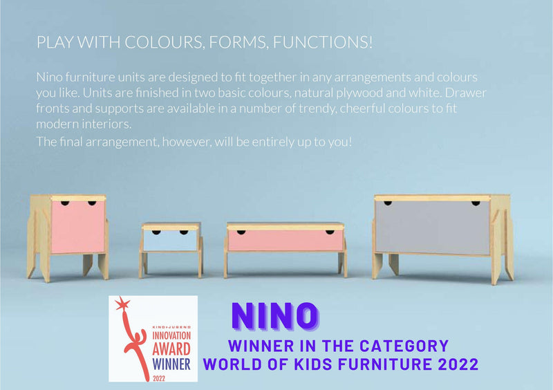 Kids cabinet with playful colorful fronts and open shelving – modern Montessori kidsroom furniture