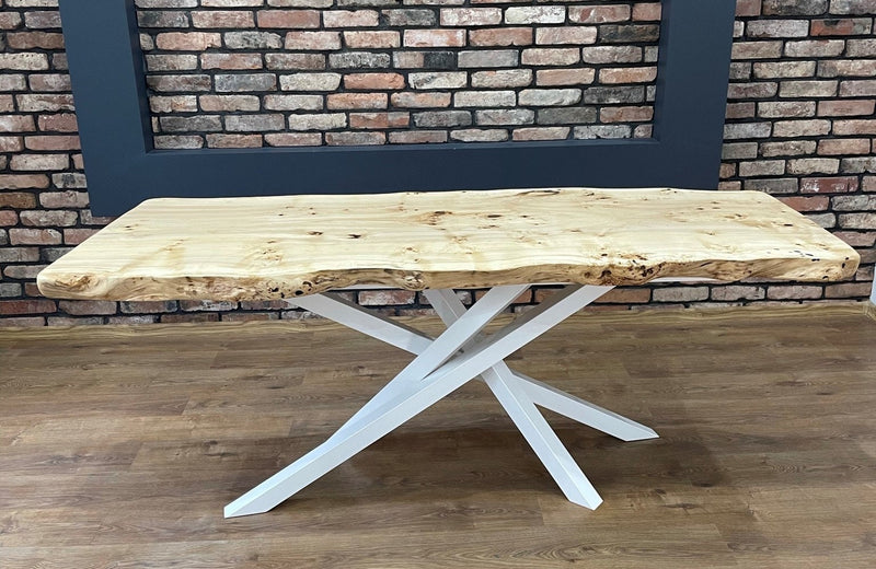 Live edge poplar solid wood dining table made from a single oak slab with white metal legs – bespoke monolith design