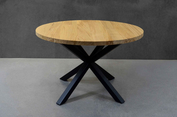 Expandable Round Oak Dining Table with Metal Legs