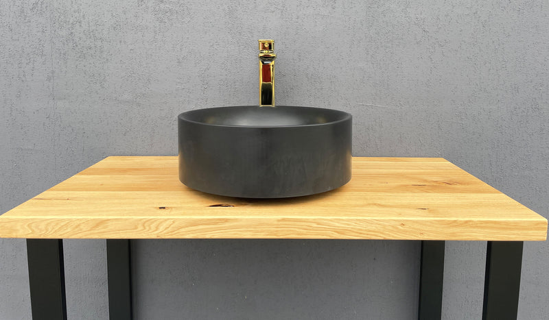 Solid oak washbasin console with sleek wood finish, designed for bathroom vanity units