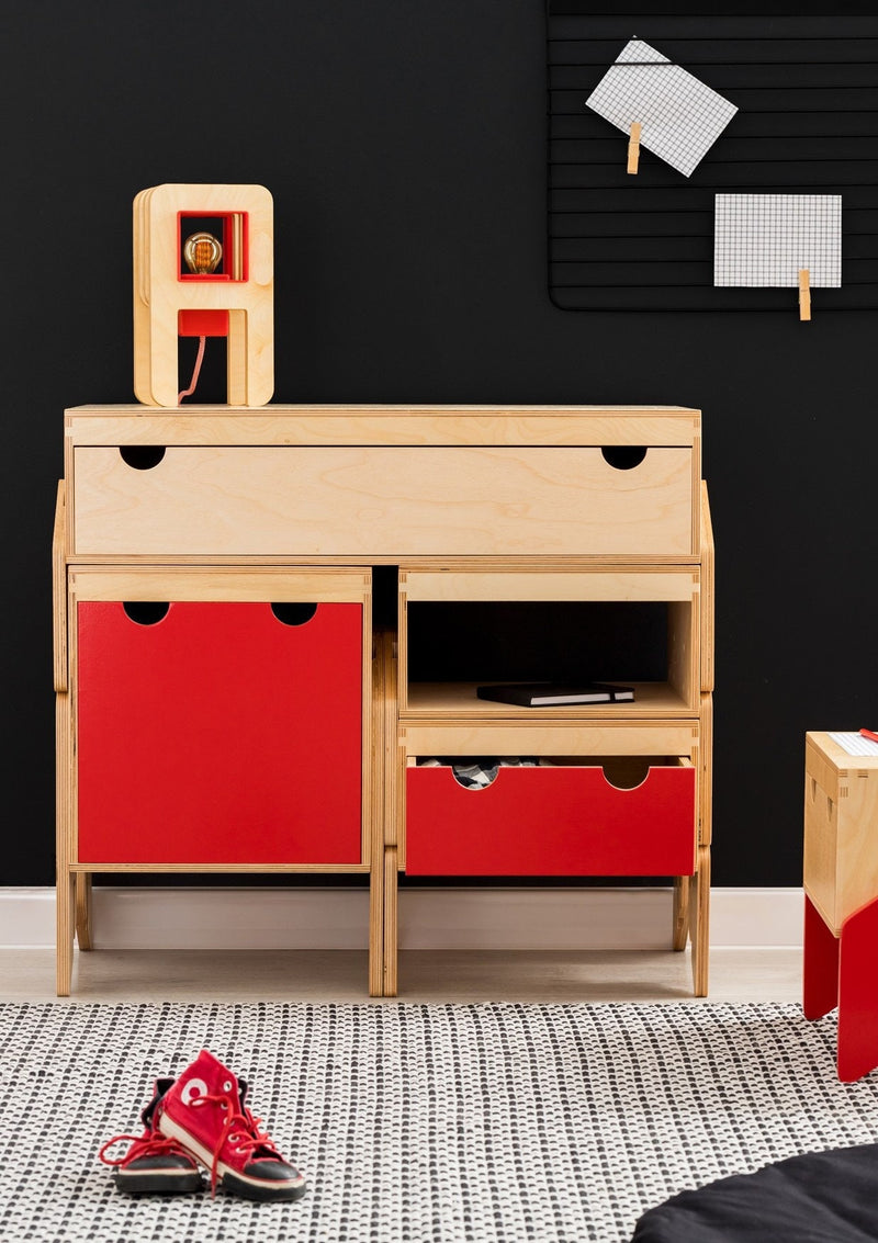 Personalized KIDS PLAYROOM FURNITURE For Toy Storage - Red Color Solid Wood Nursery Shelf, Cupboard Bedroom Organization