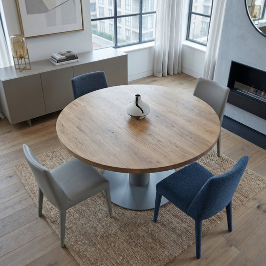 Pedestal Expandable Round Oak Dining Table with Metal Base