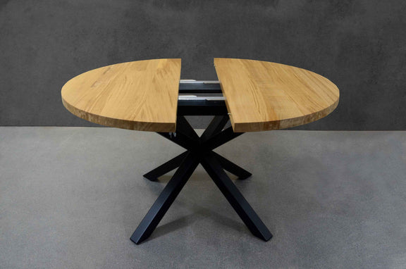 Expandable Round Oak Dining Table with Metal Legs
