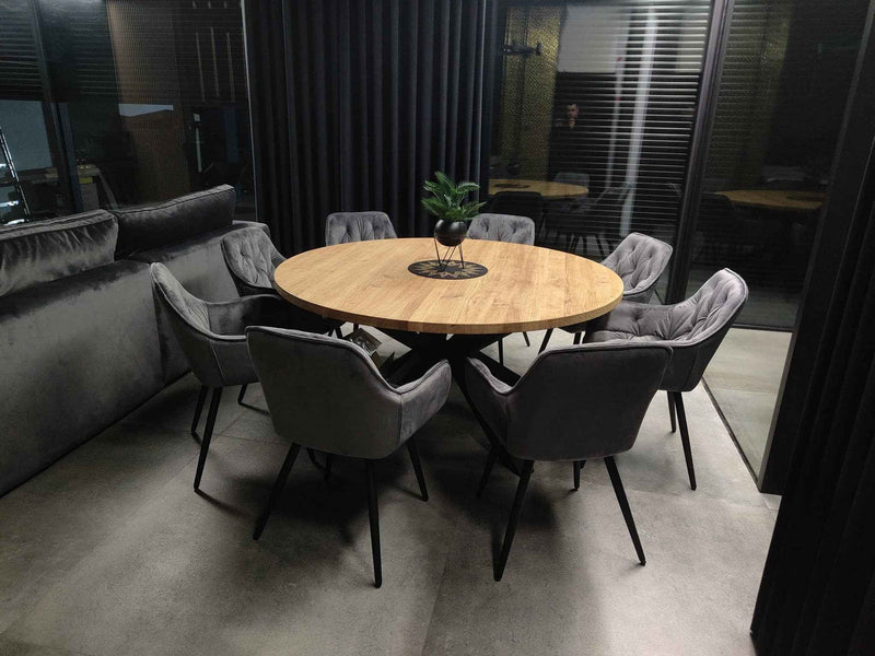 Globo Pedestal Expandable Round Oak Dining Table with Metal Legs