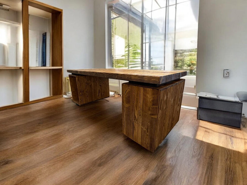 Solid wood office desk with functional shelf and drawer, minimalist industrial design