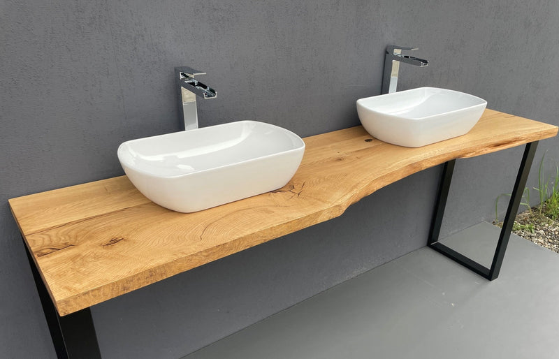 Wooden countertop for bathroom vanity – 4cm thick solid oak slab with handcrafted details