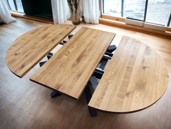 PERSONALIZED Solid Oak Wood EXPANDABLE TABLE With Metal Legs – Round And Oval Dinning Table Available In Multiple Sizes And Finishes