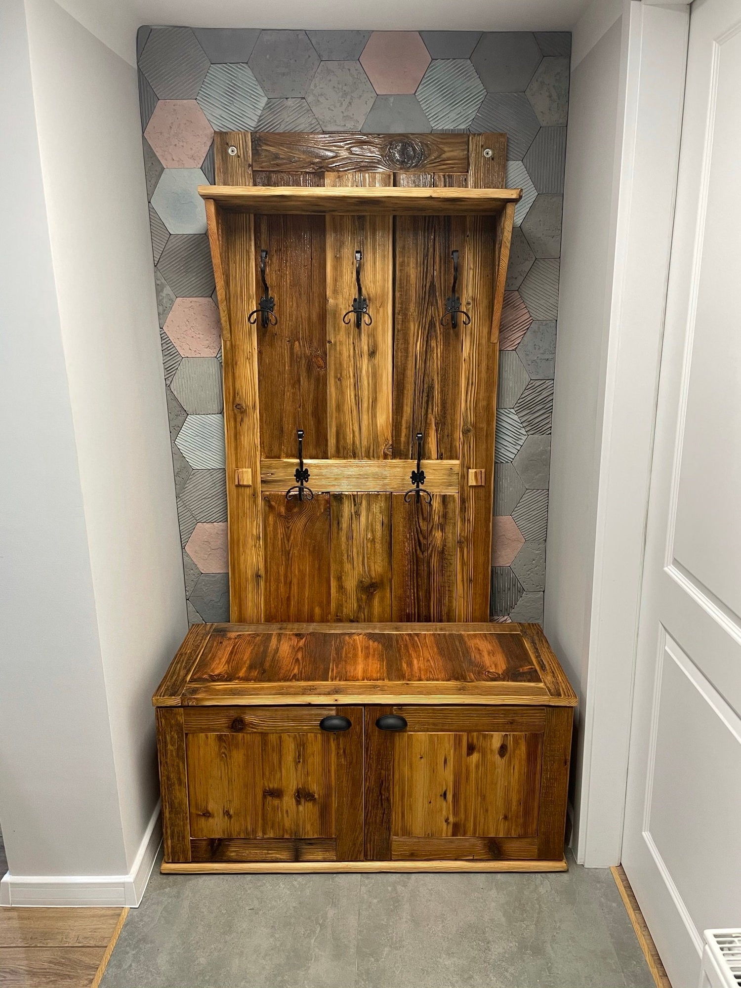 Handmade Rustic Hallway Coat Hanging Rack, Shoe Storage Bench Cabinet handcrafted from Old Barn Wood, Farmhouse Coat Rack Stand. Wall coat