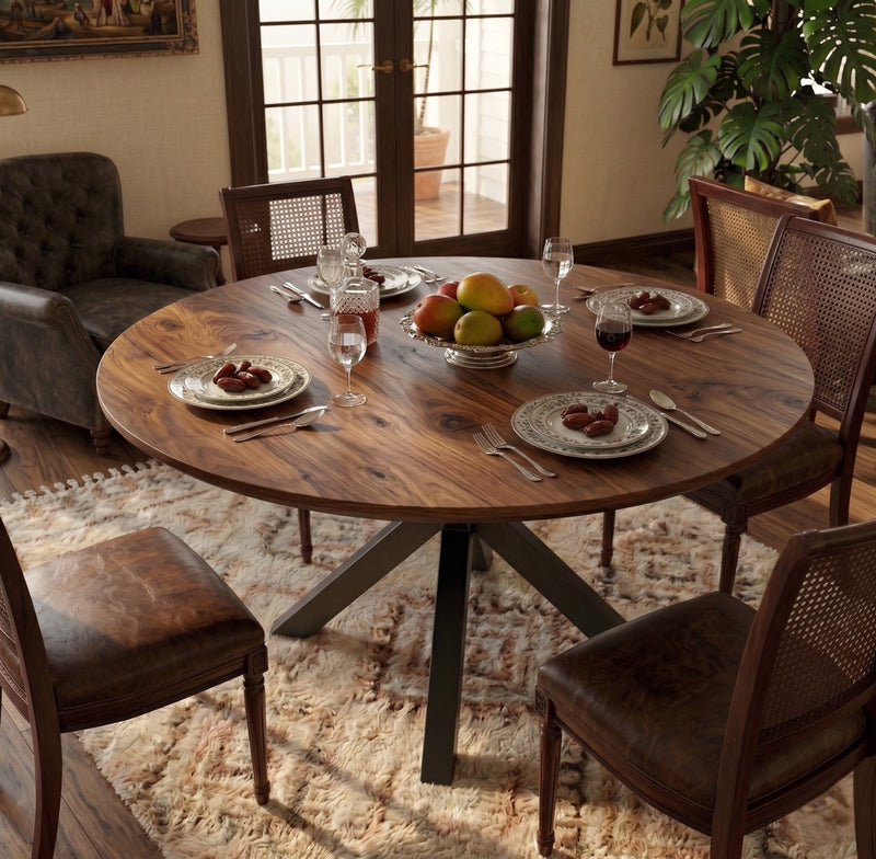 Expandable Round American Walnut Dining Table with Metal Legs