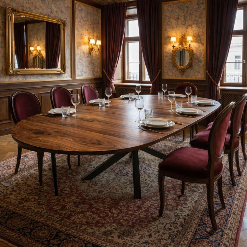Expandable Round American Walnut Dining Table with Metal Legs