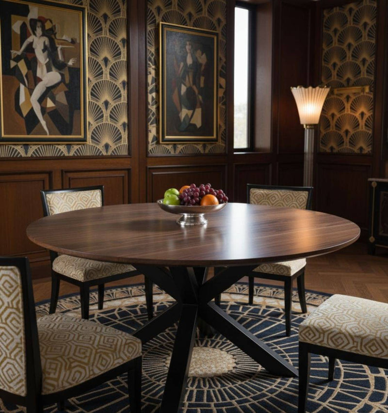 Expandable Round American Walnut Dining Table with Metal Legs