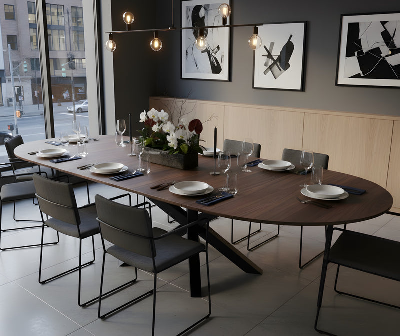 Expandable Round American Walnut Dining Table with Metal Legs