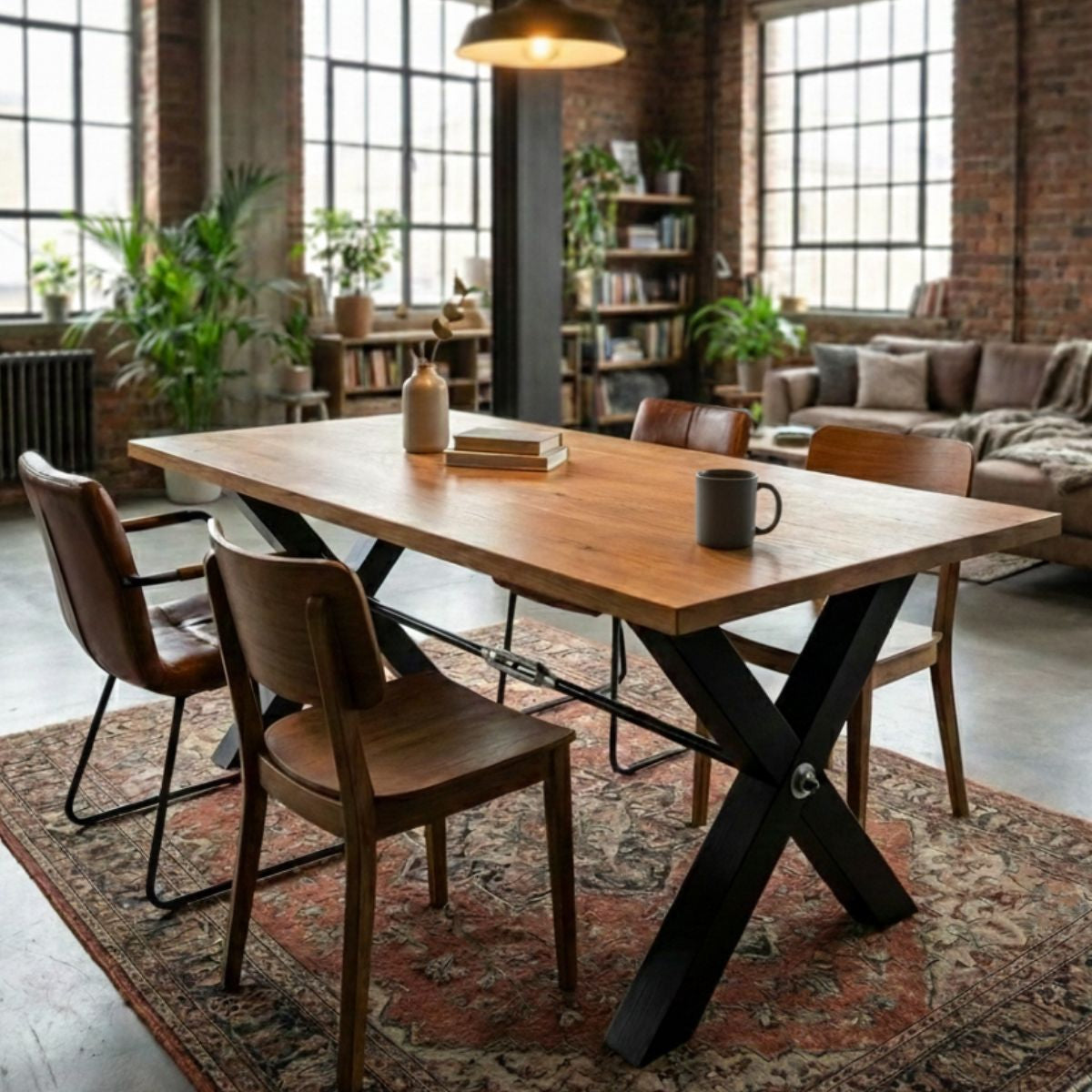 Tavolo da Pranzo / Scrivania Versatile in Legno Massello con Base Moderna a X