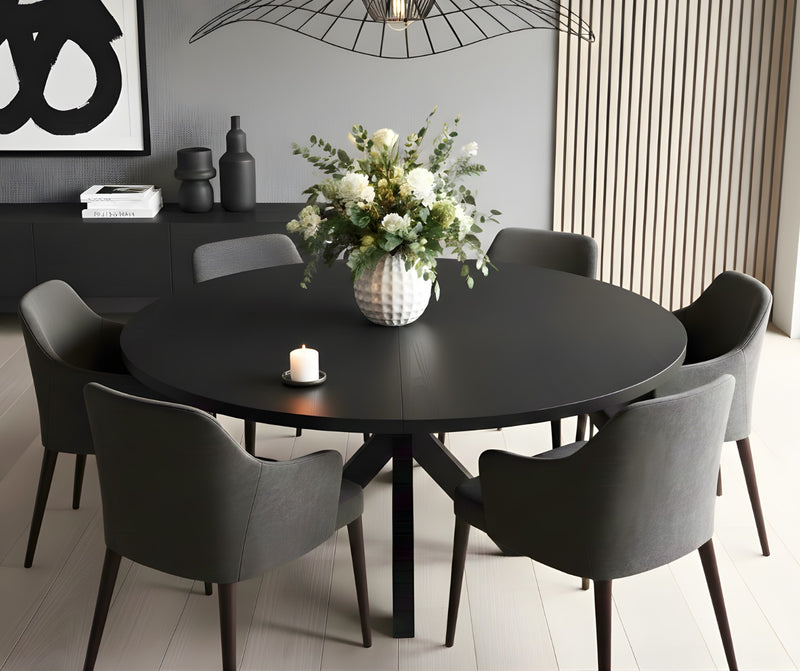 Expandable Round Oak Dining Table with Metal Legs