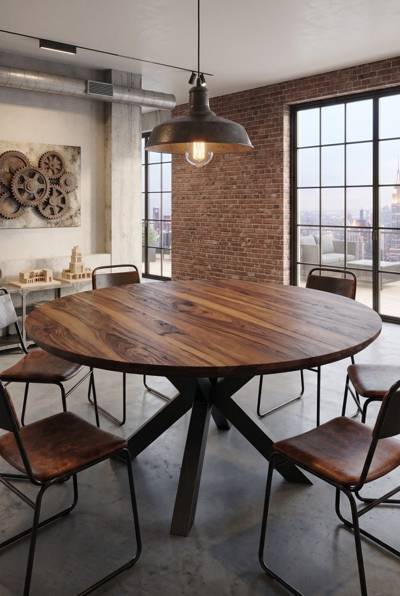 Expandable Round American Walnut Dining Table with Metal Legs