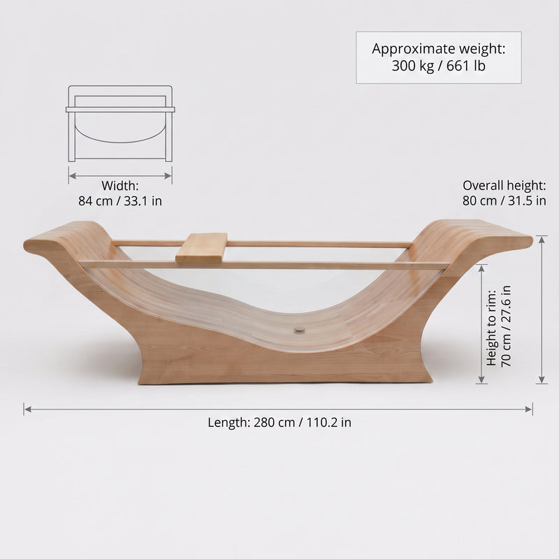 OKTAQUA Luxury Wooden Bathtub with Tempered Glass Side | 280 cm Statement Spa Bath