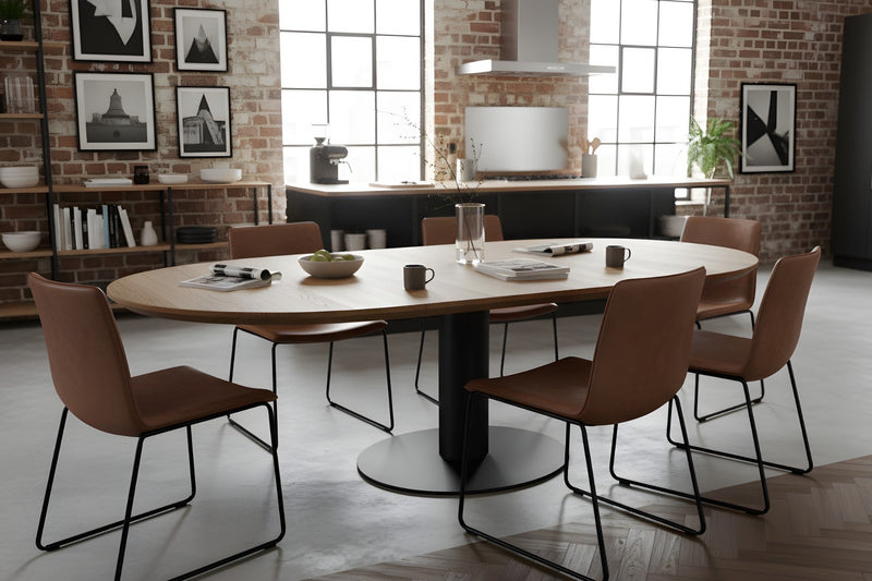 Pedestal Expandable Round Oak Dining Table with Metal Base