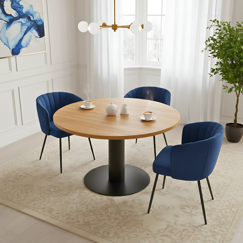 Pedestal Expandable Round Oak Dining Table with Metal Base
