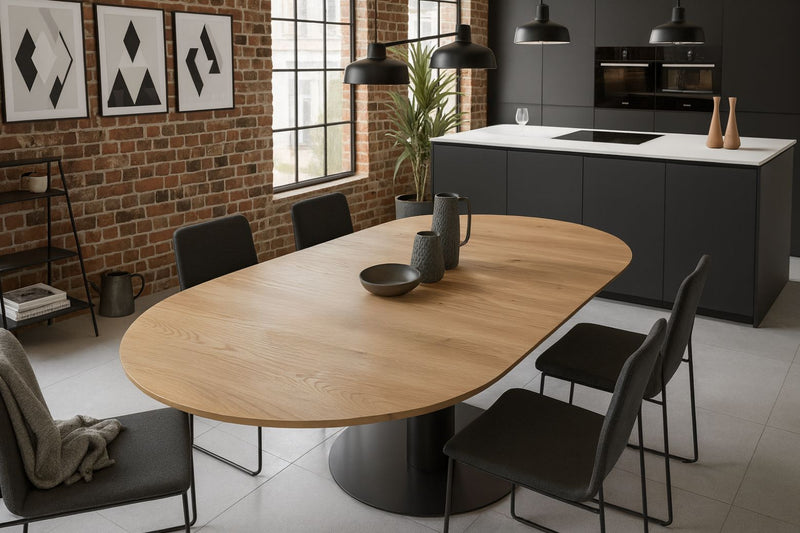 Expandable Round Oak Dining Table with Metal Legs