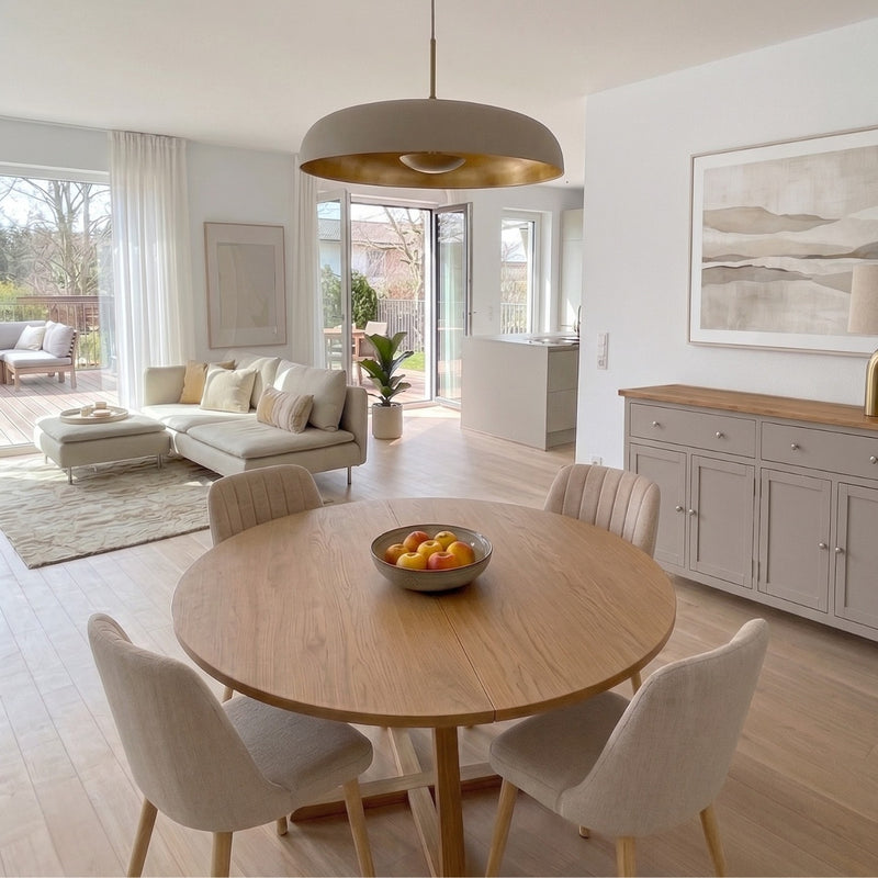 Round Extendable Oak Veneer Dining Table with Cross Leg Base