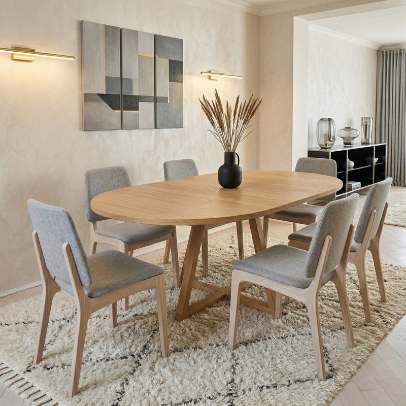 Round Extendable Oak Veneer Dining Table with Cross Leg Base