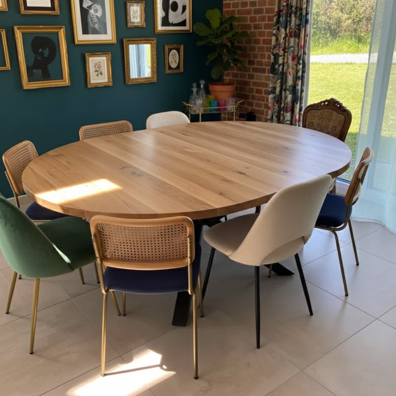 Expandable Round Oak Dining Table with Metal Legs