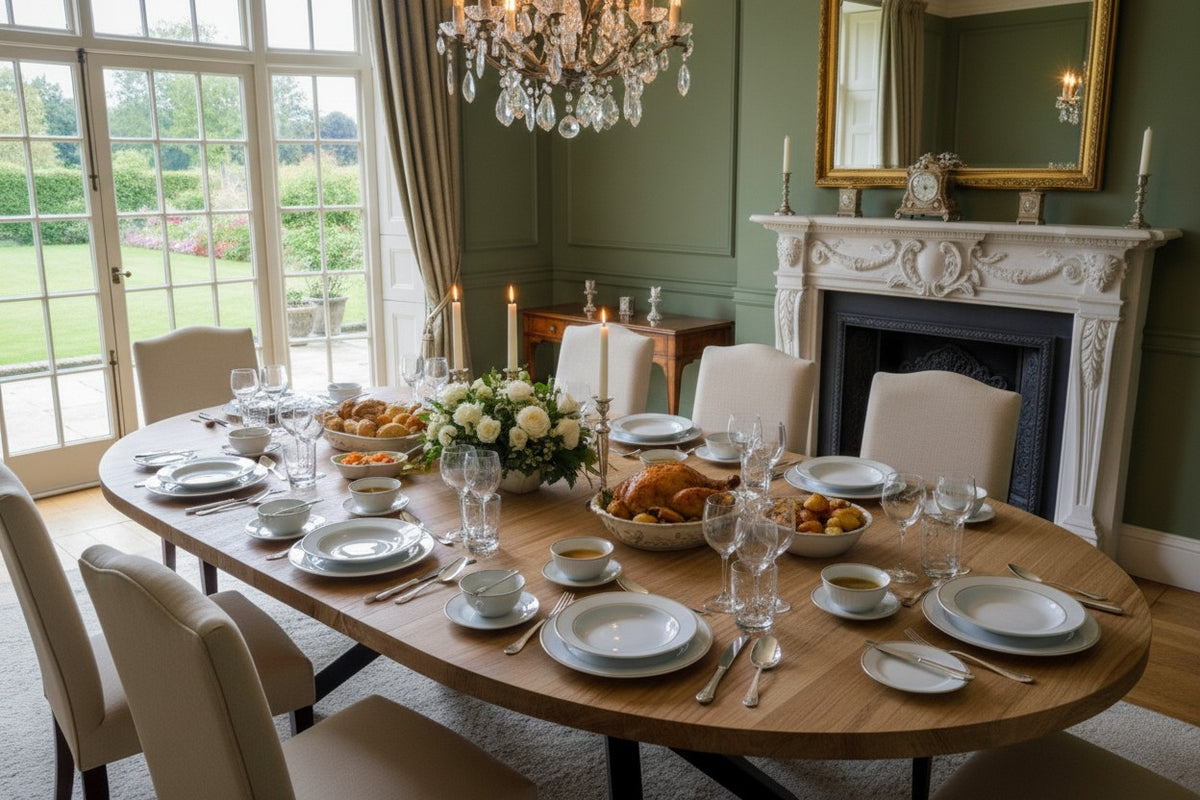 Tavolo da pranzo rotondo in quercia allungabile con gambe in metallo