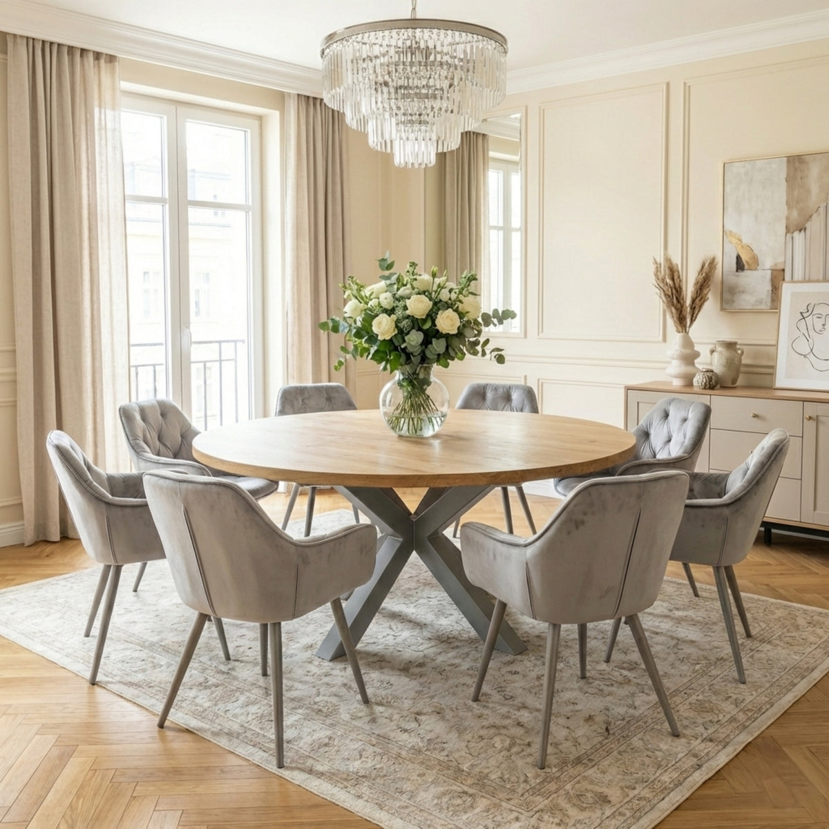 Tavolo da pranzo rotondo in quercia allungabile con gambe in metallo