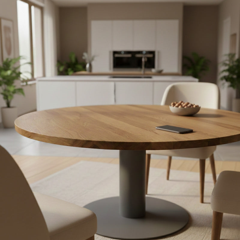 Expandable Round Oak Dining Table with Metal Legs