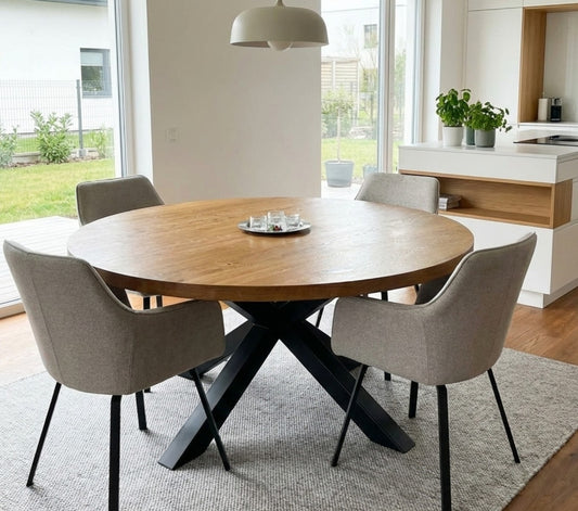 Tavolo da pranzo rotondo in quercia allungabile con gambe in metallo