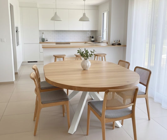 Expandable Round Oak Dining Table with Metal Legs