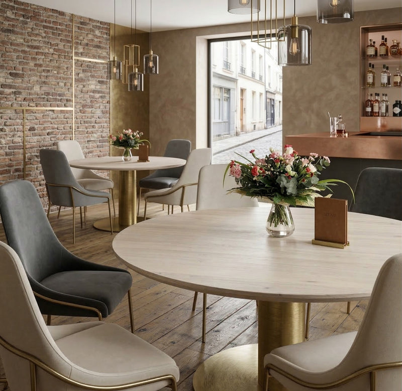 Pedestal Expandable Round Oak Dining Table with Metal Base