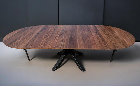 American Walnut Expandable Round Oak Dining Table with Metal Legs