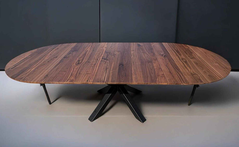 Expandable Round Oak Dining Table with Metal Legs