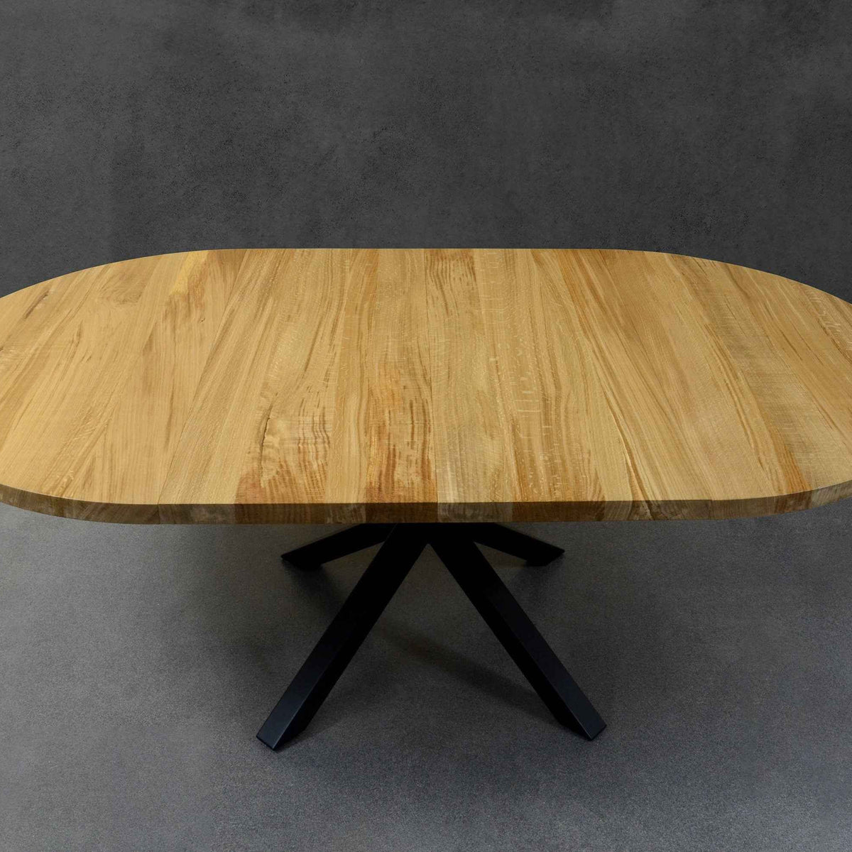 Expandable Round Oak Dining Table with Metal Legs