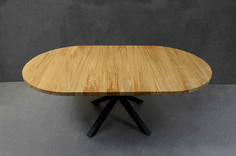 Expandable Round Oak Dining Table with Metal Legs