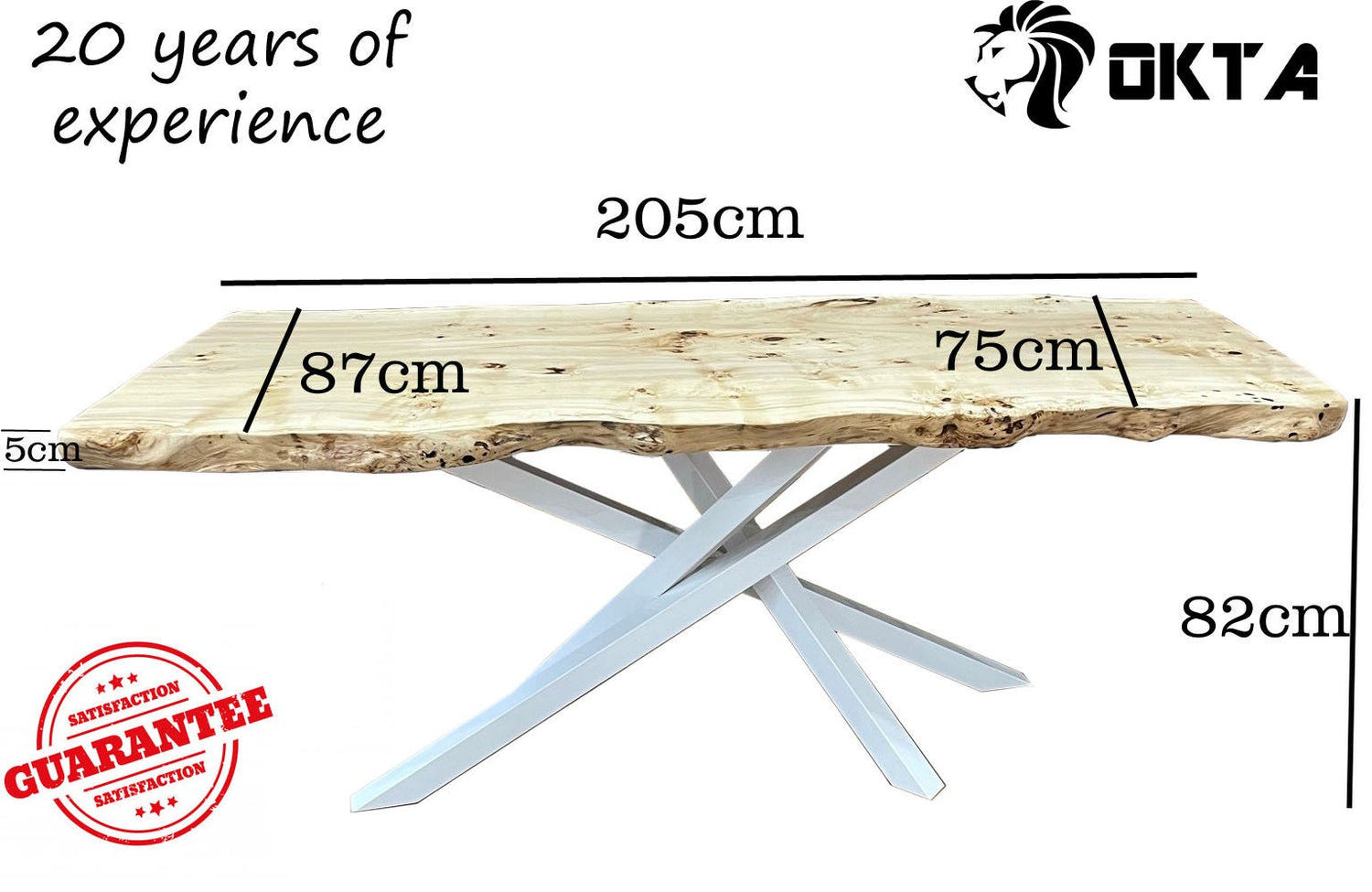 Bespoke live edge table made of one wood slab with white industrial metal legs for contemporary interiors